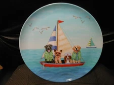 Round Melamine Plate Dish 11" - "Dogs On Sailboat In Ocean