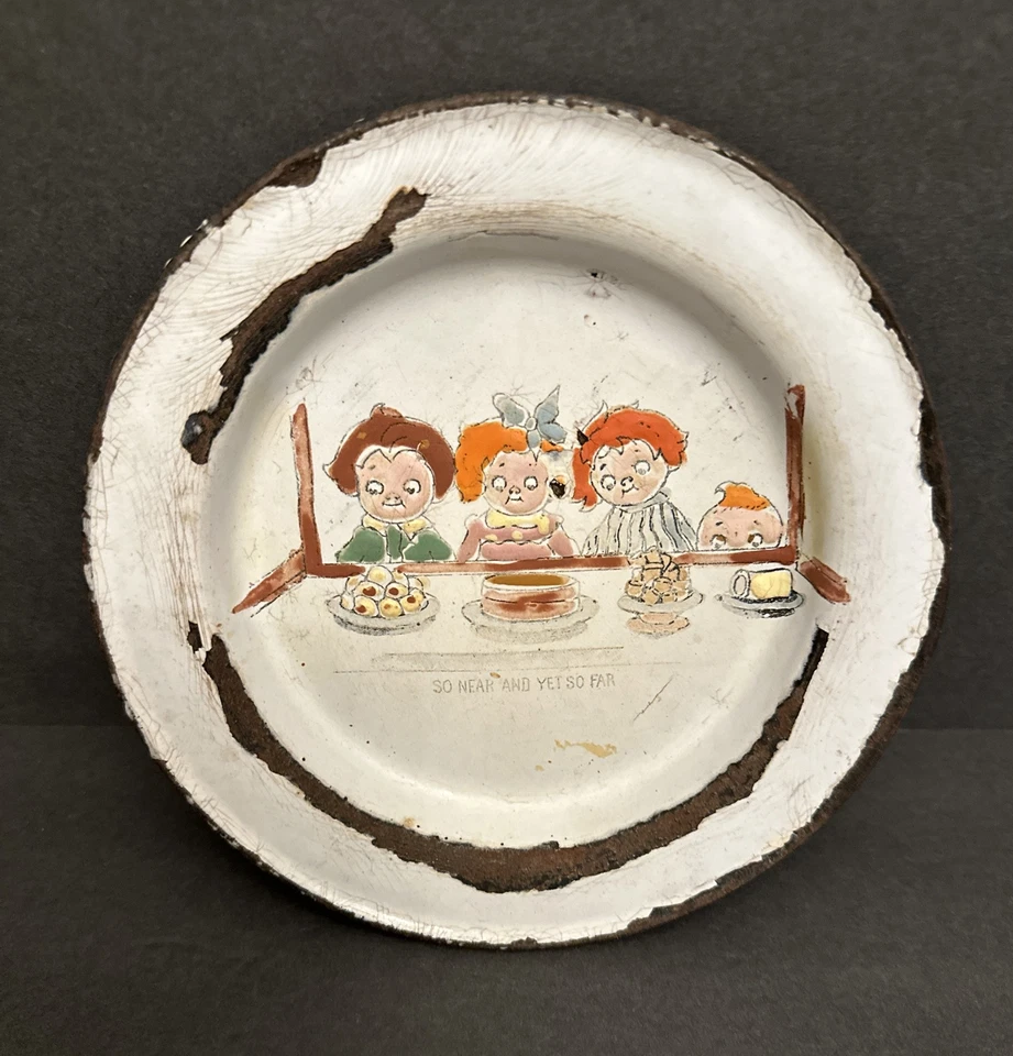 vtg hand painted enamelware PLATE primitive kid children folk art antique comic - Image 2 of 4