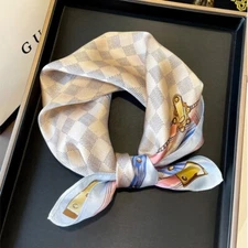 Women Fashion Small Kerchief Scarf 100% Silk Pink Gray Check Bandana Tied 53cm