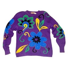 80's Vtg Crew Neck Sweater Colorful Floral Embroidery  Bead Embellished Women M