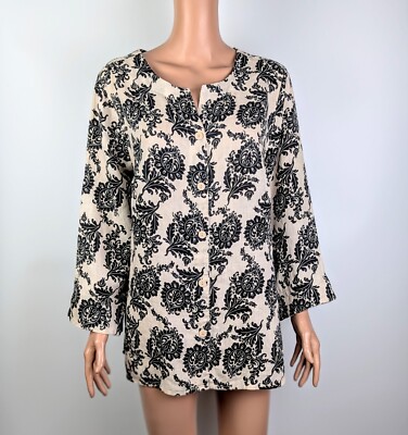 Carole Little Women's Linen Ivory & Black Floral Print Blouse/Shirt size 1X
