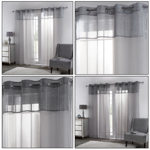 Sparkle Glitter Shimmer Voile Net Curtains Panel Eyelet/Ring Top Panels