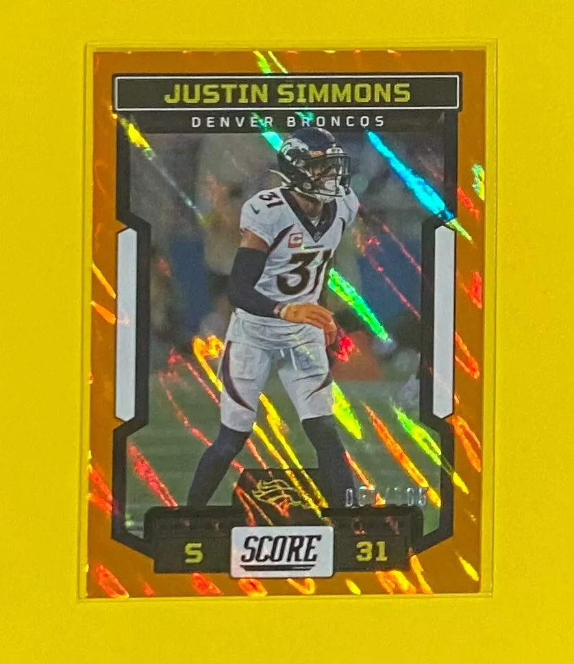 2023 Panini Score Justin Simmons ORANGE LAVA PARALLEL /565 SP Broncos #75 🔥