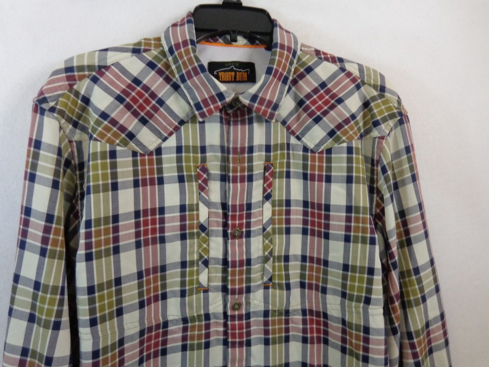 Orvis Trout Bum Shirt Men's M Green Brown Long Sleeve Button Down Lot
