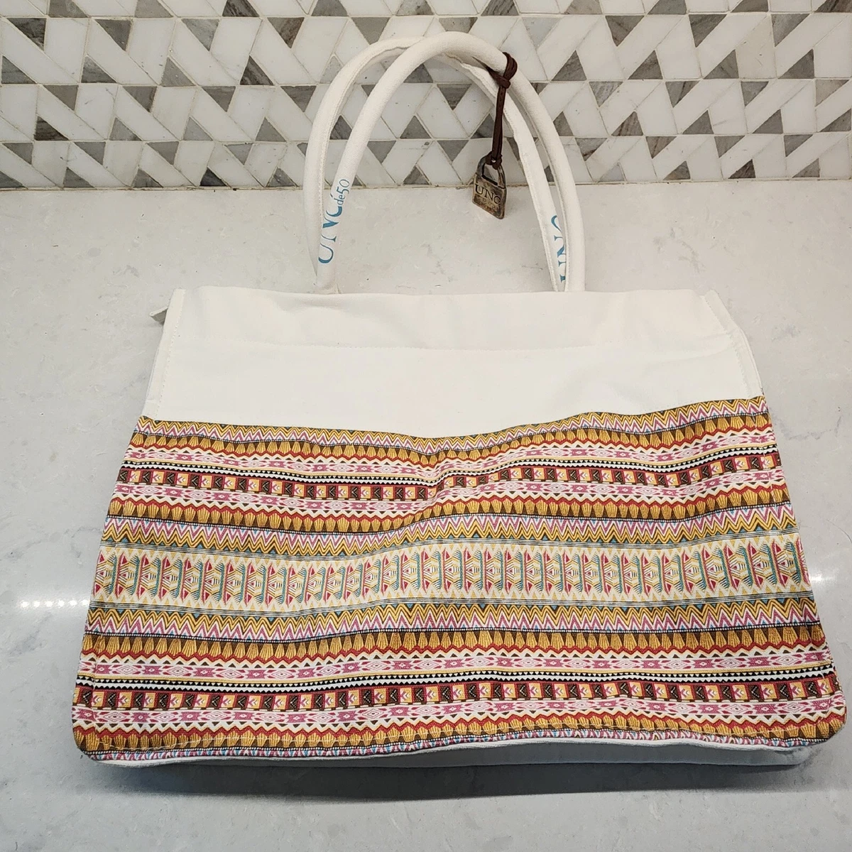 Uno De 50 Silver Charm Boho Woven Canvas Tote Handbag Purse Beach