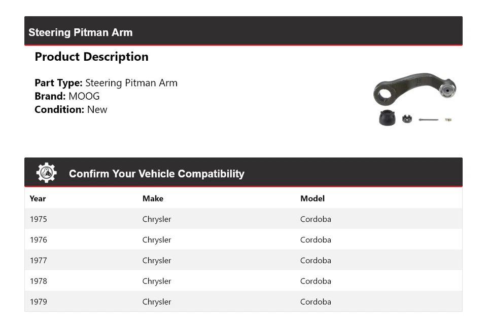 Brazo Pitman de dirección para Chrysler Cordoba 1975-1979 MOOG 1975 1976 1977 1978 1979 Foto 2 de 4