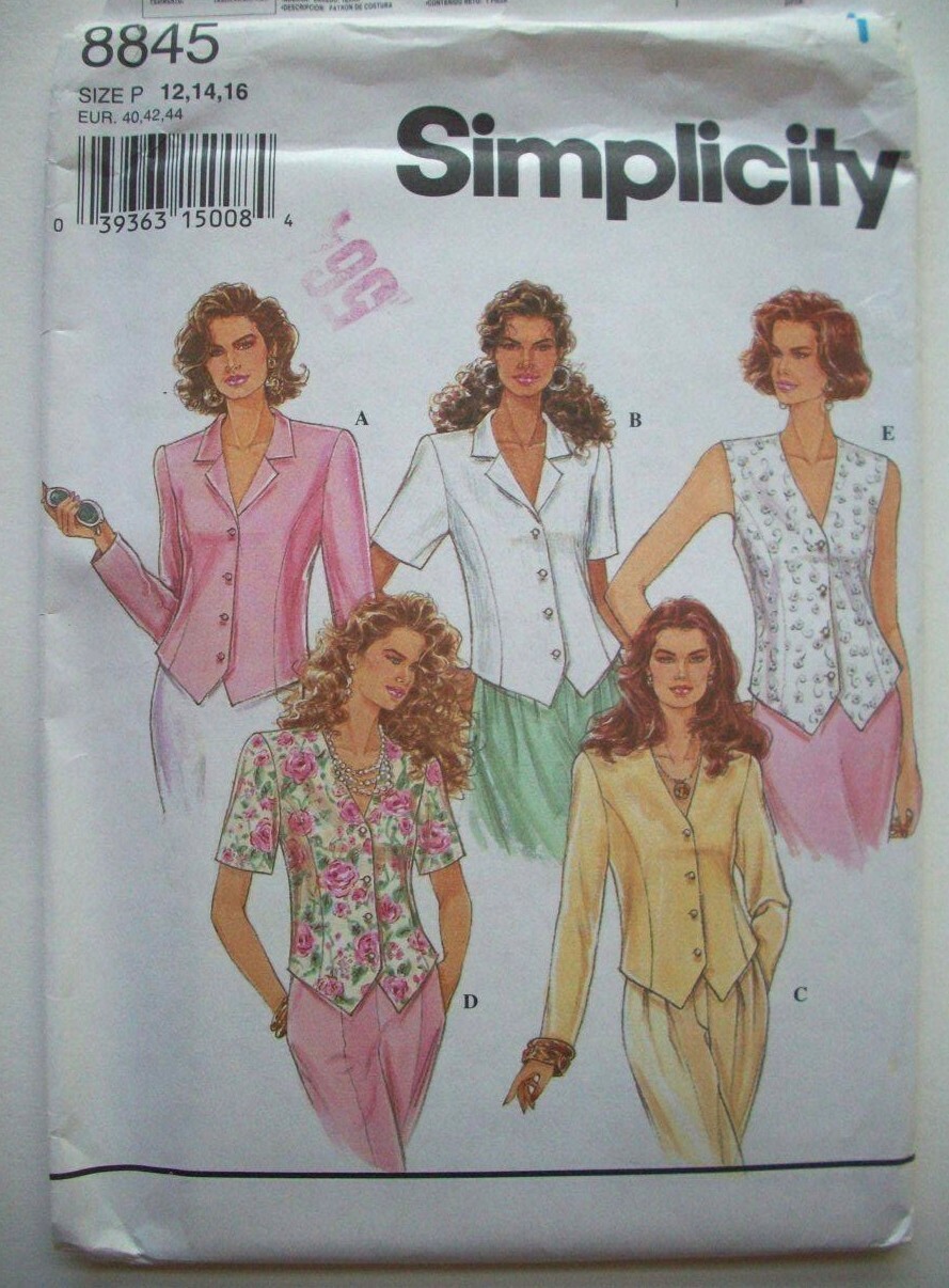 Vest style top blouse button front pattern 8845 size 12 14 16 uncut-image