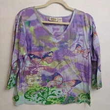 Collections Etc Shirt Woman’s Size Large Lavender Butterfly Print 3/4 Sleeve