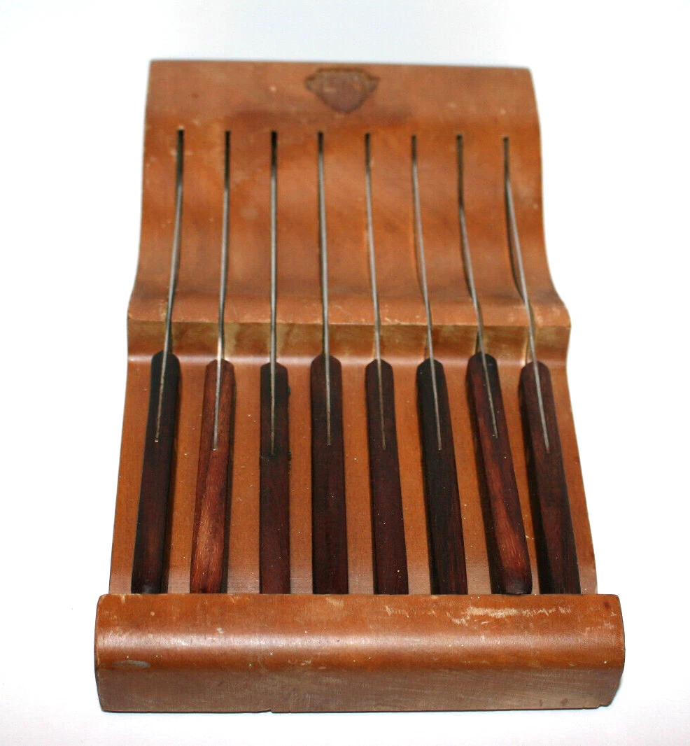 VTG Flint 8 Piece Knife Set Serrated Stainless Steel Wooden Block Wall Hanging