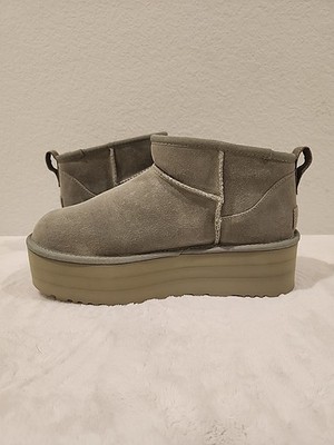 UGG Women's 10 Classic Ultra Mini Platform Boots Olive Suede Shoes