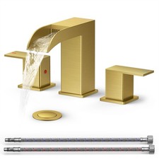 Brushed Gold Bathroom Faucet 3 Hole, 8 Inch Widespread Square Bathroom Sink F...