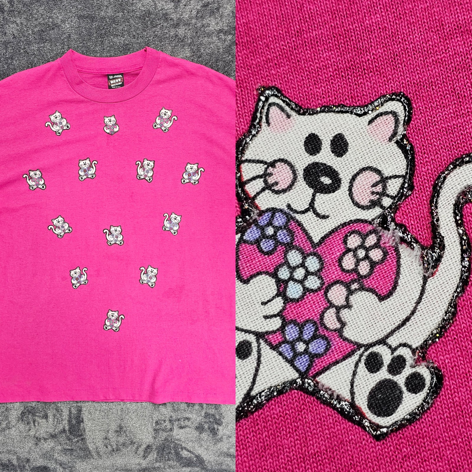 VTG Single Stitch Cat Kitty All Over Graphic Print T Shirt Pink Women XXL Kawaii