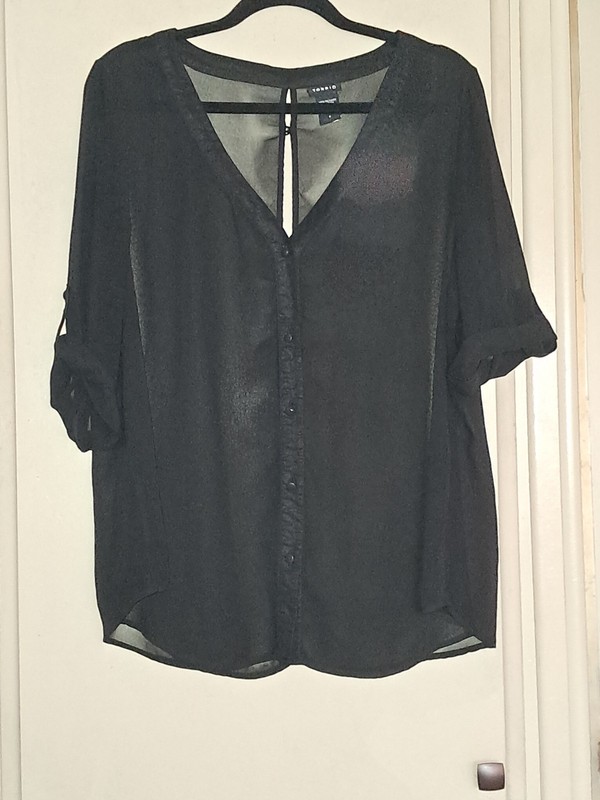 Torrid 0 Sheer Black Roll Sleeve Blouse Open Back Sexy 