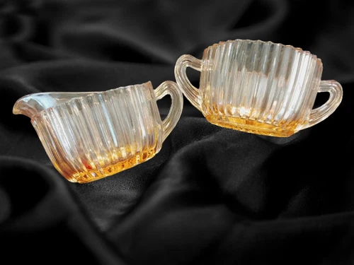 VTG Hocking Glass Pink Depression -Queen Mary Ribbed -Creamer & Open Sugar Set
