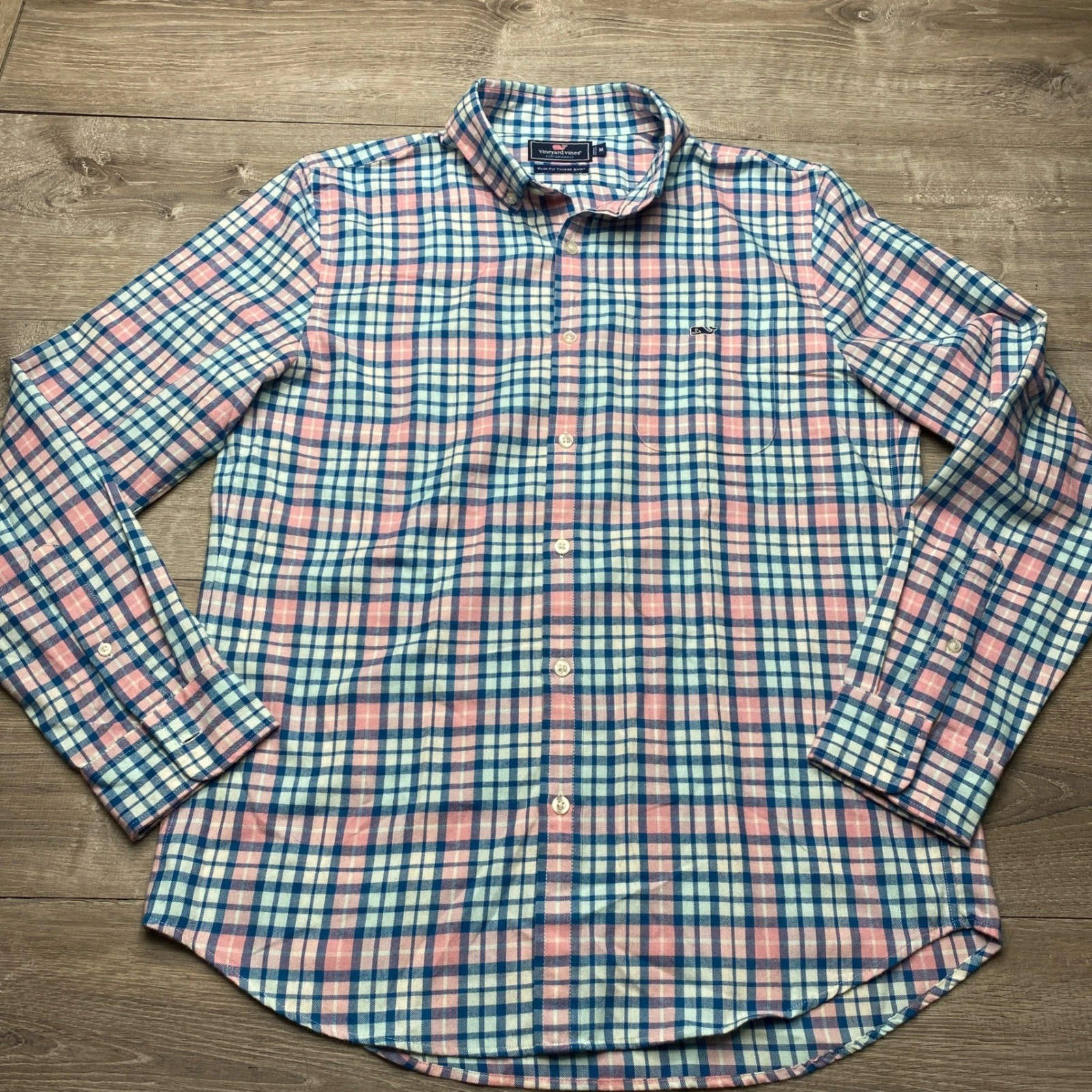 Vineyard Vines Shirt Slim Tucker Mens M Pink Blue Plaid Performance Polyester