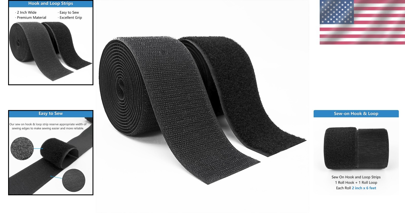 Black Sew-On Hook & Loop Strips, 2" Wide, Perfect for Crafts & Clothing