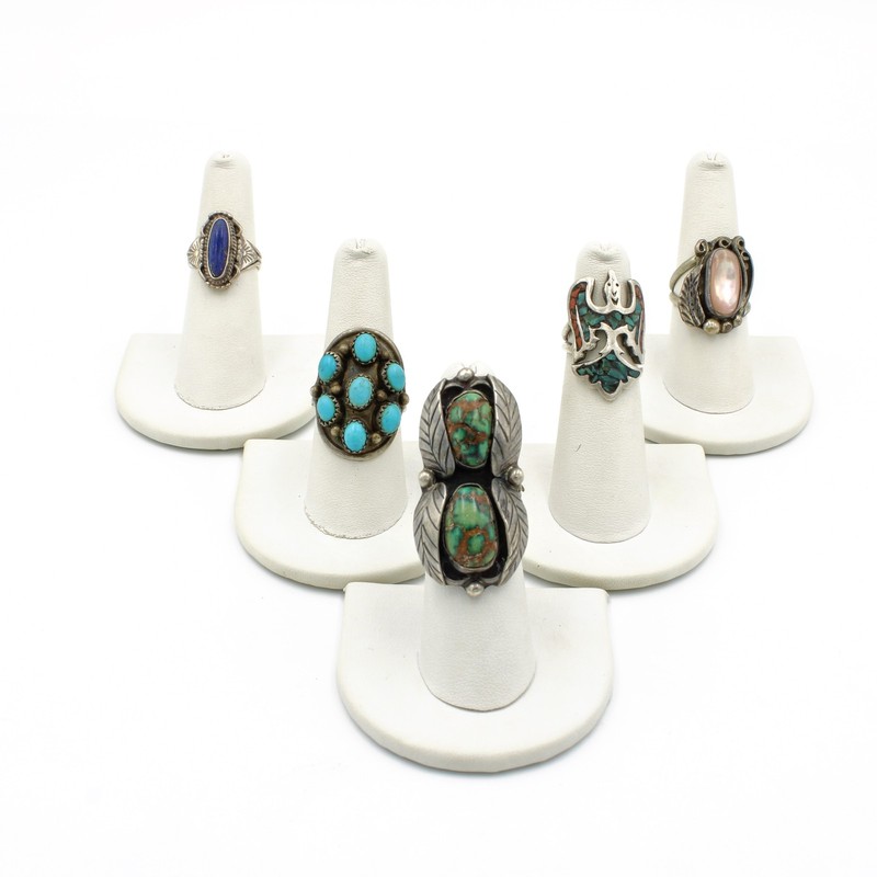 Southwest Sterling Turquoise MOP Lapis Inlay Thunderbird Rings Lot of 5 #S5639-1