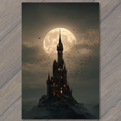Art Print Gothic Castle Tower Full Moon Bats Spooky Night Sky