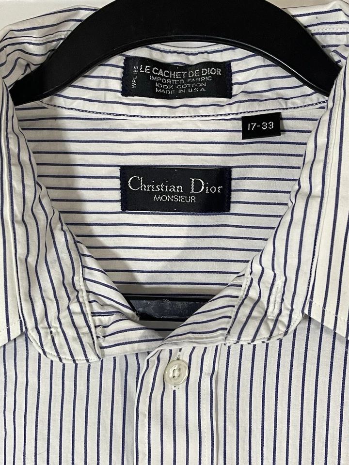 Christian Dior VTG Mens White Striped French Cuff Cotton Dress Shirt USA 17-33 - Image 3 of 4