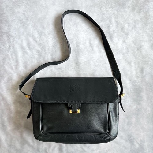 LOEWE Y2K Black Leather Messenger Shoulder Bag Gold Hardware Embossed Logo Auth