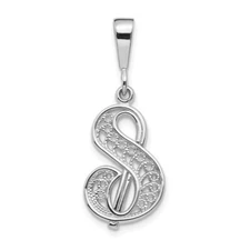 Real 14ktW White Gold Solid Polished Script Filigree Letter S Initial Pendant