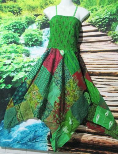 BOHO PIXIE COTTON PATCHWORK  DRESS OVERDYED GREEN FITS 12 - 16   76-112CM - Picture 1 of 4