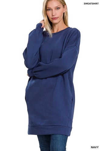 Women Round or V Neck Oversized Long Sweatshirt Loose Warm Fleece Top w/ Pockets - Picture 16 of 32