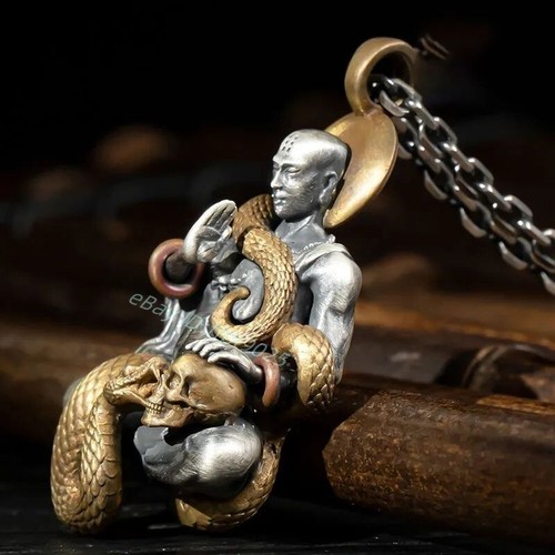 Chinese Copper Buddha Pendant Statue Snake Skull W skull Tibetan Blessing Amulet - Picture 4 of 14