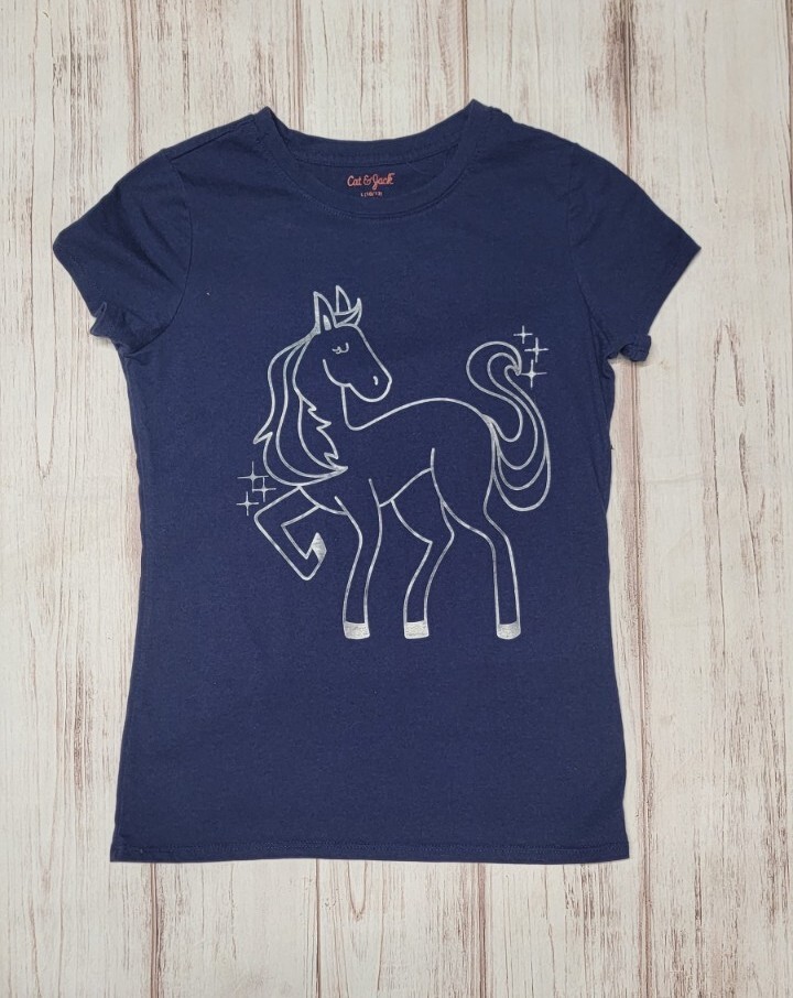 CAT JACK L 10-12 NAVY BLUE METALLIC SILVER FOIL HORSE OUTLINE