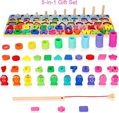 Wooden Magnetic Puzzles For Toddlers 5 in 1 Color Alphabet Shape Number Sorting