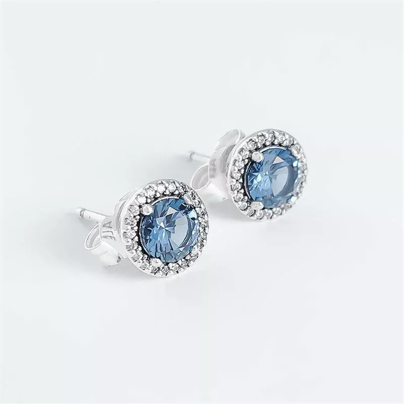 New Authentic 100 925 Sterling Silver Blue Round Sparkle Stud