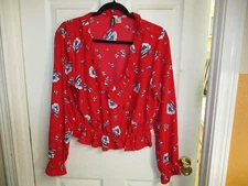 Divided by H&M Red Floral Boho Peasant Long Sleeve Ruffle Surplice Top -12