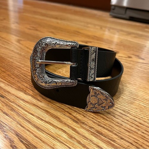 Vintage Western Belt Silver Hardware Boho Black Leather Belt Women’s Size S/M