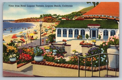 View from Hotel Laguna Terrace Laguna Beach California Cafe Las Ondas c1940 PC