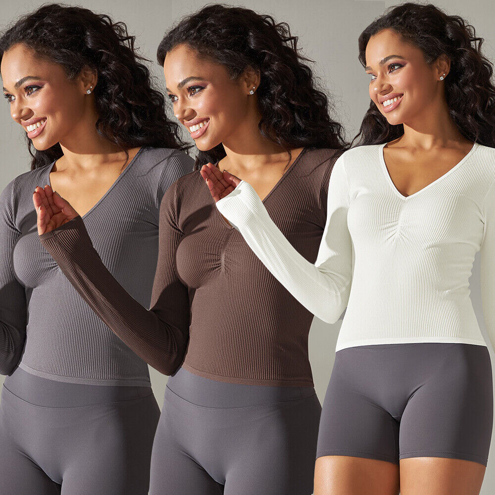 Women's Ribbed Long Sleeve Workout Tops Fitted V-Neck Athletic