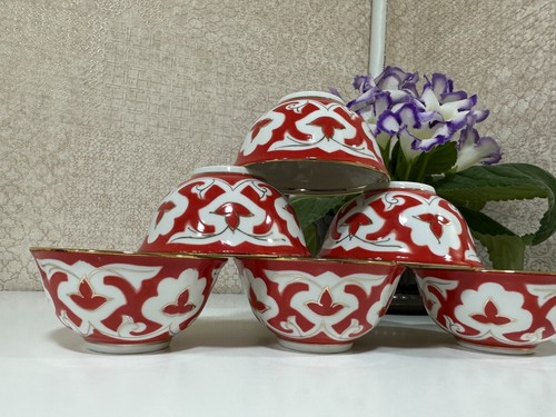 Uzbek Tea Set – 6 Tea Cups with Cotton Pattern & Gold Rim UZB 10 cm (new) - Picture 3 of 23