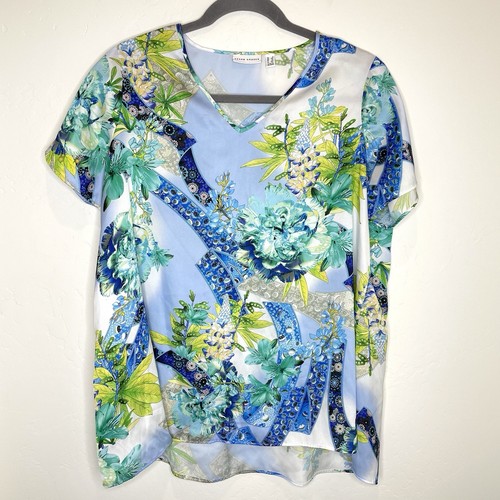 Susan Graver Short Sleeve Top Womens Plus 1X Blue Green Floral Print