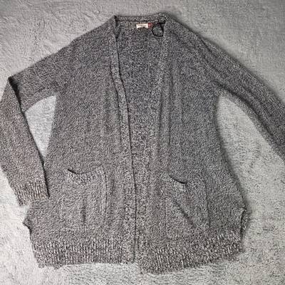 SO Womens Large Cardigan Black White Marled Open Front Pocket Knit Sweater