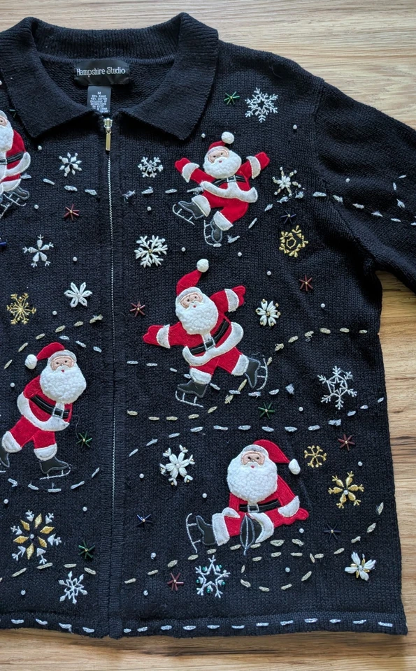 Suéter Navidad Tejido Vintage Para Mujer M Negro Papá Noel Doble Lado Bordado Cuentas Foto 4 de 4