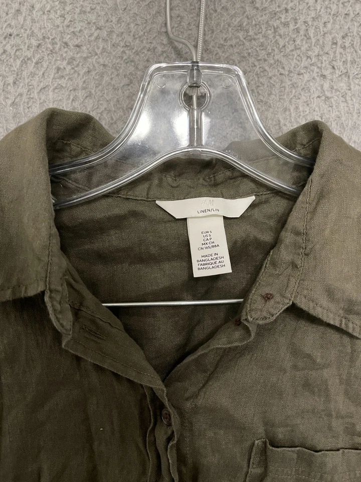 H&M Womens Linen Top Size Small Green Button up Long Sleeve Adult - Image 2 of 4