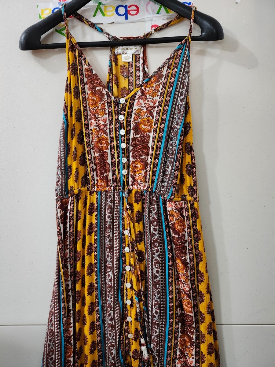 Band of Gypsies Dress Womens M Gold Maxi Tank Button Up Flare Floral Boho  Hippie | eBay