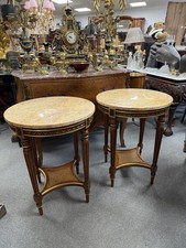 Fine Pair of Round Marble Top Occasional Side Tables with Caned Undertier & Gilt