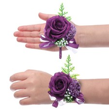 Rose Flower Wrist Corsage and Boutonnieres Set for Wedding Prom, Dark Purple