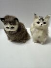 Vtg Real Fur Miniature Kitten Cat Long Hair Glass Eyes Lot Of 2 Brown White
