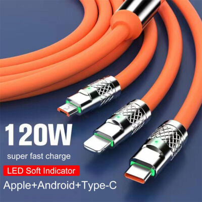 1PC Data Line Type C Fast Charging Cable Charger USB Cable 3 in 1 Micro USB 120W
