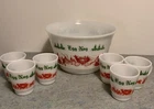 Vintage 1950’s Hazel Atlas Egg Nog Punch Bowl With 6 Cups Set -Rare Print!