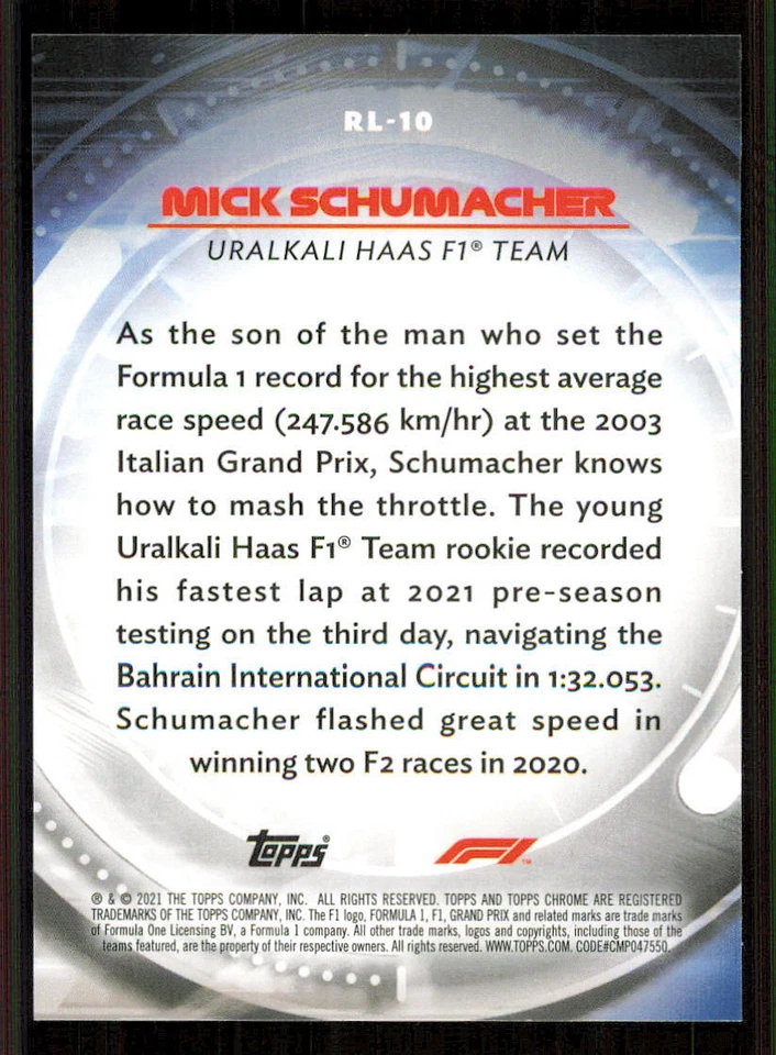 2021 Topps Chrome Formula 1 Red Liners #RL10 Mick Schumacher - Image 2 of 2