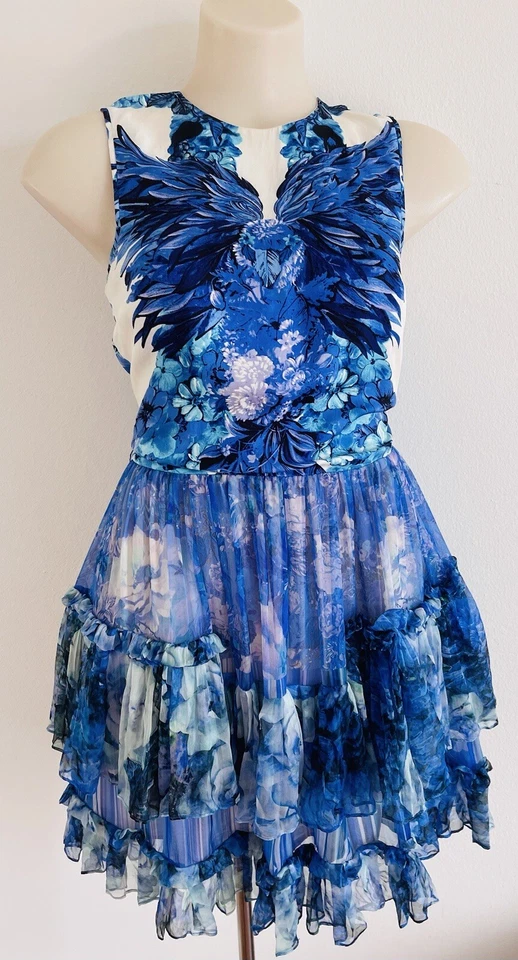 ROBERTO CAVALLI Vestido Azul Estampado Floral Seda Satén Gasa Volantes Cremallera Talla 38-XS Foto 2 de 4