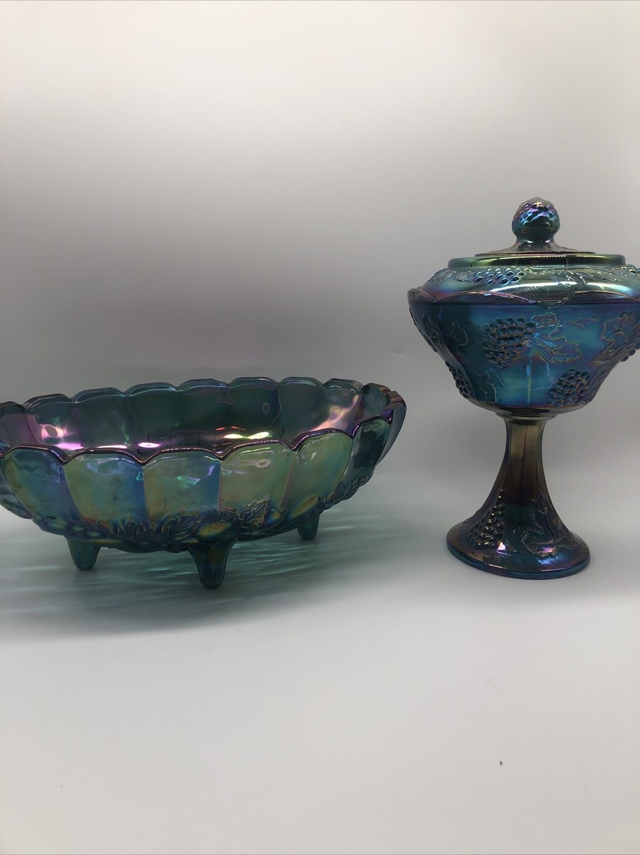 VTG Indiana Iridescent Blue Carnival Glass Harvest Grape Oval