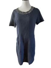 Lina Tomei Linen  Dress Blue Medium Beaded